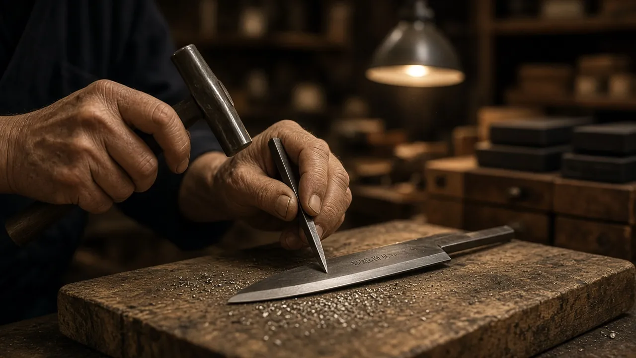 A craftsman's hands chiselling a signature into a knife blade