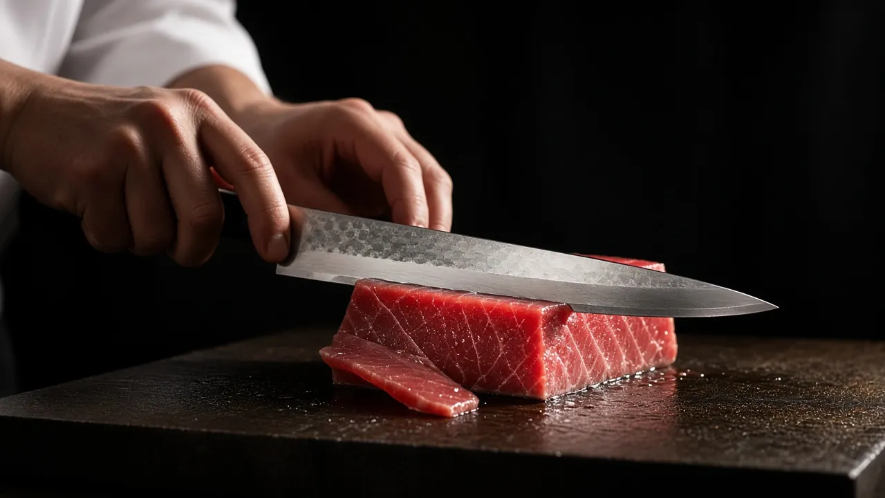 A yanagiba slicing tuna